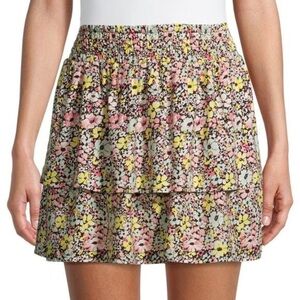 No Boundaries Pink Black Blue Yellow Floral Tiered Smocked-Waist Mini Skirt